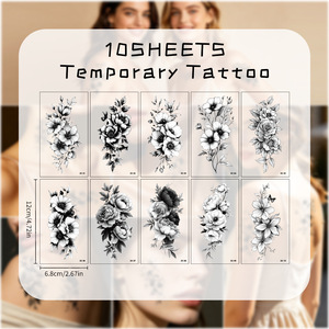 Autocollants de <span class=keywords><strong>tatouage</strong></span> temporaire motif rose grande fleur noire et blanche, style minimaliste vintage européen - Product Image 3