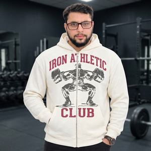 Sweat-shirt à capuche zippé en tricot gaufré crème pour homme, imprimé graphique lettres sur le devant, style streetwear et gym - Product Image 3