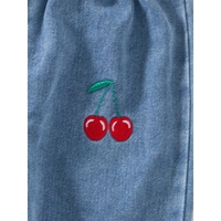 Ensemble 2 pièces pour filles, broderie cerise, tissu gaufré respirant, manches à volants, jeans à taille élastique, vêtements pour enfants