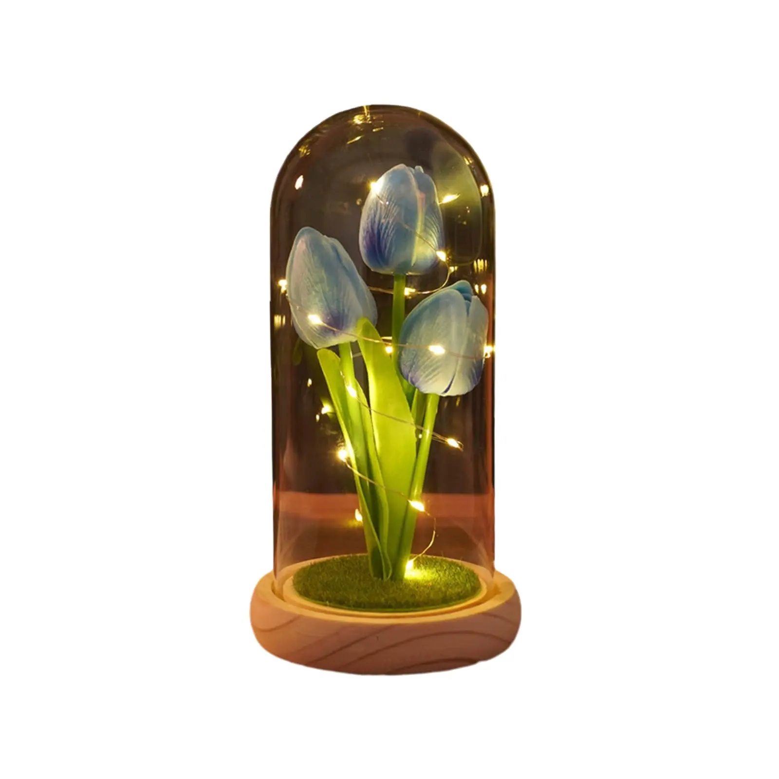 Fleur artificielle éclairée Tulipe dans un dôme en verre Tournesols artificiels dans un dôme en verre avec bande de LED Rose préservée dans un dôme en verre