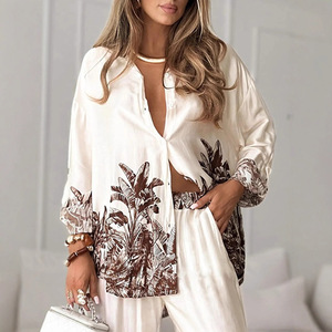 Conjunto de 2 Piezas de Moda al por Mayor, Camisa <span class=keywords><strong>Casual</strong></span> de Manga Larga con Estampado Vintage para Mujer, Pantalones Anchos, Atuendos de Verano para Mujer - Product Image 3