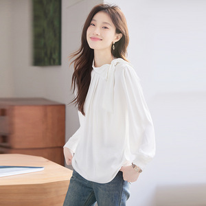 White Bow <b>Tie</b> Blouse Women Spring Summer Acetate Satin Solid Color Everyday Wear - Product Image 4