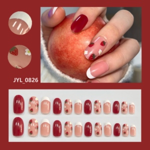 24 <span class=keywords><strong>Uñas</strong></span> Postizas <span class=keywords><strong>de</strong></span> Estilo Francés con Diseño <span class=keywords><strong>de</strong></span> Fresa, <span class=keywords><strong>Largas</strong></span>, Almendradas, con Detalles Rojos, Suaves, con Pegamento, Lindas, Dulces, Reutilizables, para Primavera - Product Image 2