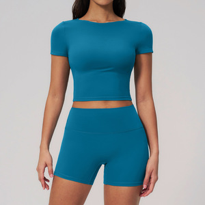 Women's Yoga Wear Set Quick-Drying Exercise Short-Sleeved Top & Hip-Lifting Wrinkle-Reducing Shorts