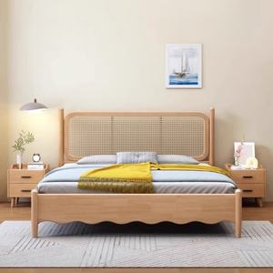 Lit en rotin et bois massif, mobilier sur mesure pour hôtel et appartement, lit double king size avec rangement, ensemble de meubles de chambre en bois - Product Image 4