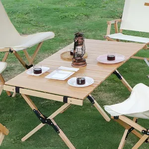 RTS meja kayu padat lipat portabel, mebel rumah meja piknik kue rol telur meja memancing kayu