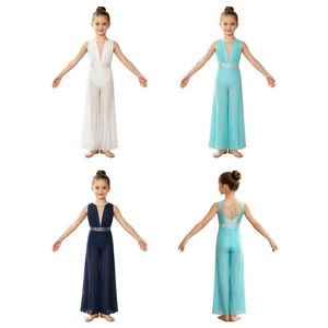 Girls <b>Lyrical</b> Dance Costume for Kids Sheer Mesh Unitard Wide Leg Jumpsuit Deep V Neck Criss Cross Back Dancewear Custom - Product Image 1
