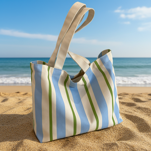 Bolsa <span class=keywords><strong>de</strong></span> Lona a Rayas Personalizable <span class=keywords><strong>de</strong></span> Gran Capacidad con Asas Beige para el Uso Diario - Product Image 6