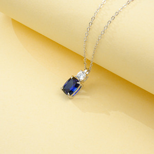 925 Sterling Silver <b>Pendant</b> Necklace, <b>Emerald</b> Cut Lab Created Sapphire with Round CZ Accent Fine Jewelry for Women - Product Image 5
