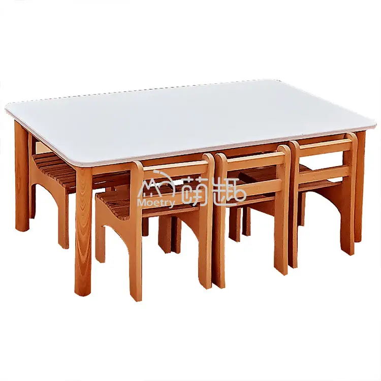 Moetry फैशन डिजाइन ठोस लकड़ी बालवाड़ी फर्नीचर समायोज्य बच्चों लकड़ी की मेज और कुर्सी सेट