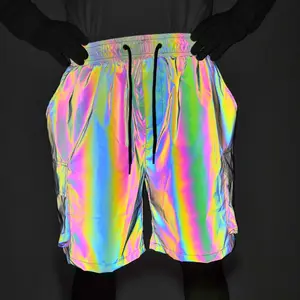 Regenboog Licht Reflecterende Korte Broek Elastische Taille Nachtclub Podium Kleurrijke Mannen Casual Losse Hiphop Glanzende Korte Broek