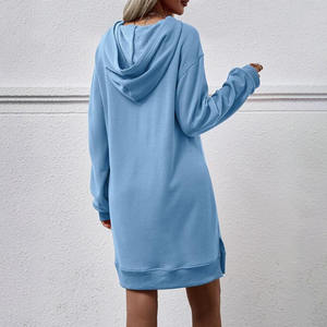 Robes pullover à manches longues de couleur unie pour femmes, robes à capuche décontractées solides avec poche et cordon de serrage - Product Image 3