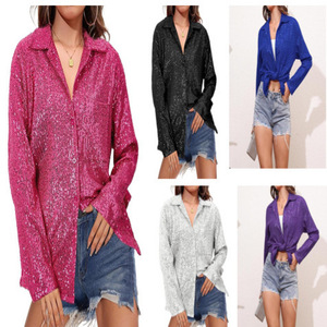 <b>Sequined</b> Long Sleeve Collared Shirt Women's Casual Blouse Solid Color Polyester Fashion <b>Top</b> Everyday Wear - Product Image 1