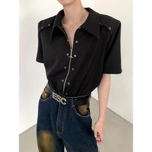 Niche Metal Deconstructed Design Shoulder <b>Pad</b> Men's High-End Feel Loose Fit Zipper Short Sleeve Long Summer <b>Shirt</b> Cross-Border - Product Image 1