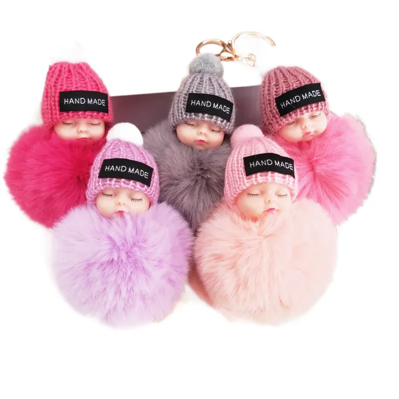 Wholesale Women Holder Bag Pendant Fluffy 17cm Sleeping Baby Doll Key Chain Faux Knitted Hat Ball Keyring Rabbit Fur keychain