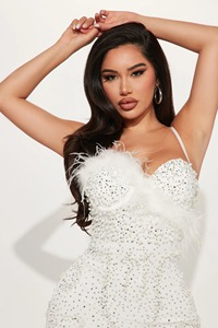 CY900288 <span class=keywords><strong>Mini</strong></span> <span class=keywords><strong>Abito</strong></span> da Festa Sexy con Spalline Sottili Super Brillante con Perle, Piume e Strass Aderente per Donne - Product Image 2