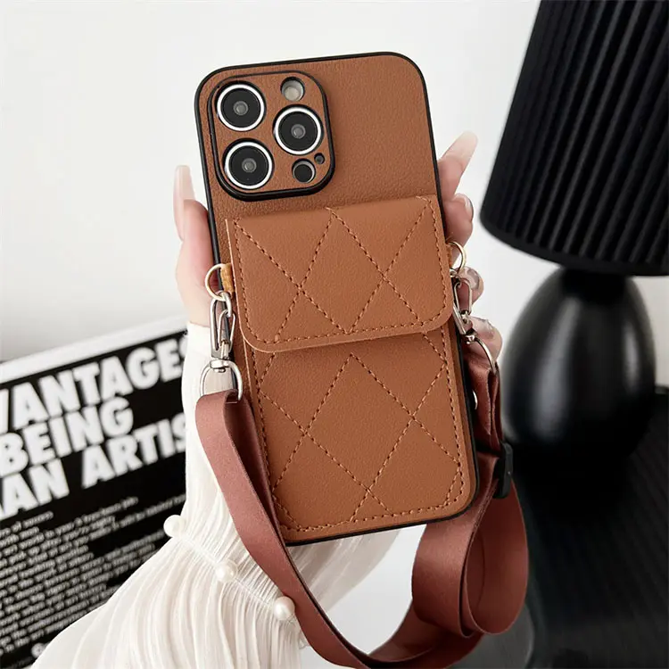 Funda trasera para tarjetero, funda protectora para monedero de cuero para mujer con cordón de hombro largo para Iphone 14 14 Plus 14 Pro 14 Pro Max 15