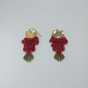 Fashion Drop Earrings PVD Gold Plated 316L Stainless Steel <b>Red</b> <b>Glitter</b> Layers Heart Top Fan Dangle Design - Product Image 1