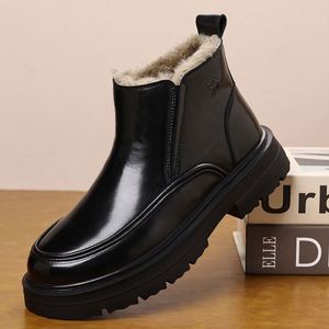 Bottes de neige pour hommes, dessus noir lisse, doublure intérieure en fourrure, fermeture éclair latérale, bottes chaudes d'hiver pour les journées froides en extérieur - Product Image 2