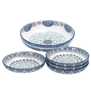 8 Inch Blue Talavera Ceramic Pasta Bowl Plate for Pasta, Salad, Microwave & Dishwasher Safe