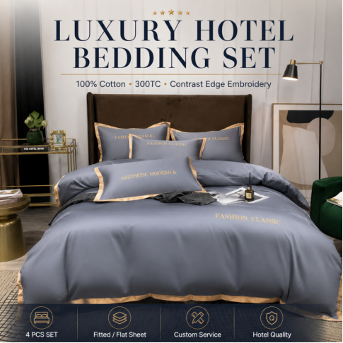 Custom Luxury 5 Star Hotel Bed Linen Contrast Colored Wide Edged Letter Embroidery 100% Cotton Bed Sheet 300TC Bedding Set