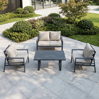 Ensemble de canapés d'extérieur J&M Modern Poolside, structure en aluminium, table en imitation bois, mobilier de jardin, fauteuils, coussins, 7 pièces