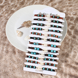 Marine Life Beach Collection 12pcs/<b>Set</b> Turquoise Cowrie Seashells Anchor Turtle <b>Beaded</b> Wrap Bracelets - Product Image 4
