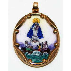Oro de 10K y Sagrado Corazón de Jesús y Virgen María pintados a mano con niño (2 caras) - Product Image 2