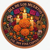 Pièce de monnaie commémorative en cuivre fin 99,9 % de 1 once, avec relief 3D, thème Jour des Morts, motif Calavera et Souci, pièce de défi souvenir, pour décoration, présentation et cadeau
