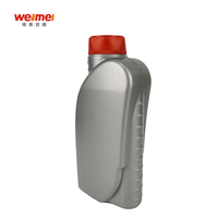 Bouteille d'huile en plastique HDPE rouge et gris de 1L pour essence et détergent, bouchon à vis, forme carrée, design sérigraphié, ouverture facile