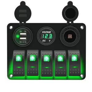 QSZEN Waterproof Aluminum 5 Gang Rocker Switch Panel for Marine Boat Dual USB Socket Green LED Backlight Ready to Ship