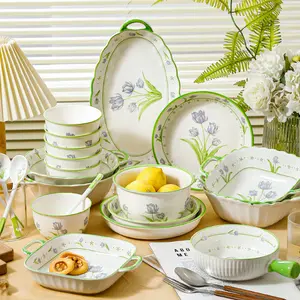 家用厨房餐具淡绿色花朵印花陶瓷碗盘和汤锅套装礼品
