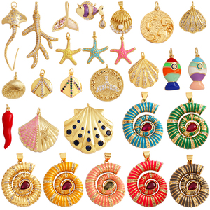 Pendentif Breloque en Forme de Poisson, Raie, Organisme Marin, Coquille de Conque, Nautil, Branche de Corail, Plaqué Or, Zircon, Fournitures de Bijoux P02 - Product Image 1