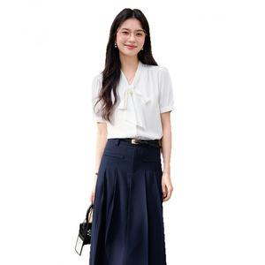 White Chiffon Blouse With Bow Tie Short Sleeve Office Women's Shirt Solid Color Polyester <b>Wrap</b> And Tie Style - Product Image 5