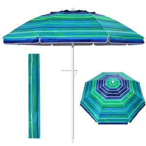 Beach Parasol Outdoor 7ft 6.5ft Diameter 8 Rib UV 50+ Adjustable Tilt Pole Large Heavy Duty Windproof Umbrella with Sand Anchor