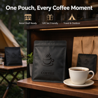 Sachet d'emballage pour café moulu, imprimé en gravure, en aluminium noir mat, résistant à l'humidité, à trois soudures latérales, personnalisable