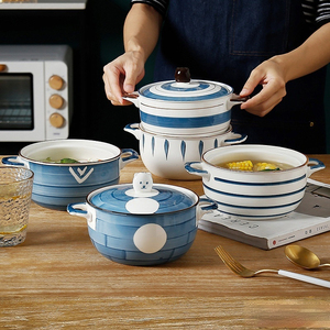 ชามราเมนสไตล์ญี่ปุ่นพร้อมฝาปิดและหูจับสองข้าง ชามเซรามิกกันความร้อนสำหรับก๋วยเตี๋ยวและซุป เหมาะสำหรับใช้ในบ้านและร้านอาหาร - Product Image 1