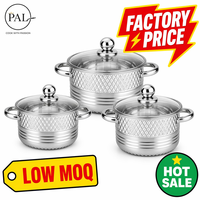 Ensemble de casseroles classiques à motif diamant, argent miroir, acier inoxydable 410, 3 pièces, corps côtelé, revêtement céramique antiadhésif, compatible gaz