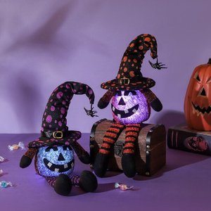 En gros, Décoration d'Halloween : Poupée gnome citrouille LED lumineuse, avec chapeau de sorcière et araignée, ornement en peluche gnome sans visage assis - Product Image 5