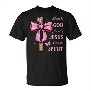 Camiseta Blessed By God Loved By Jesus con lazo rosa y cruz - Product Image 2