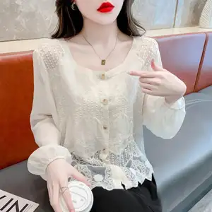 Kemeja wanita modis, atasan sifon lengan panjang rajut crochet elegan garmen hollow crochet