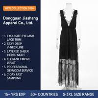 Robe longue trapèze vintage en mousseline de soie noire transparente pour femme, chic, avec col en V profond et bordure en cils, jupe à volants, pour l'hiver 2026