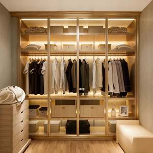 Placard ouvert en bois moderne de luxe avec portes coulissantes en verre, système de rangement de garde-robe modulaire en bois massif - Product Image 6