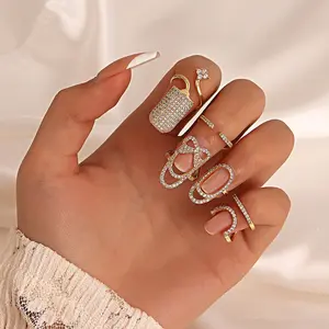 Thời Trang Đầy Đủ Kim Cương Nail Nhẫn Pha Lê Rhinestone Mở Có Thể Điều Chỉnh Làm Móng Tay Khớp Nhẫn Cho Phụ Nữ Đồ Trang Sức