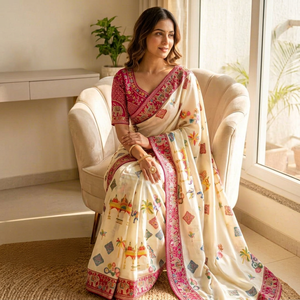 Sari en soie chinon imprimé par des designers, orné de sequins et de broderies sur la bordure, accompagné d'un chemisier Banglory entièrement cousu. - Product Image 1