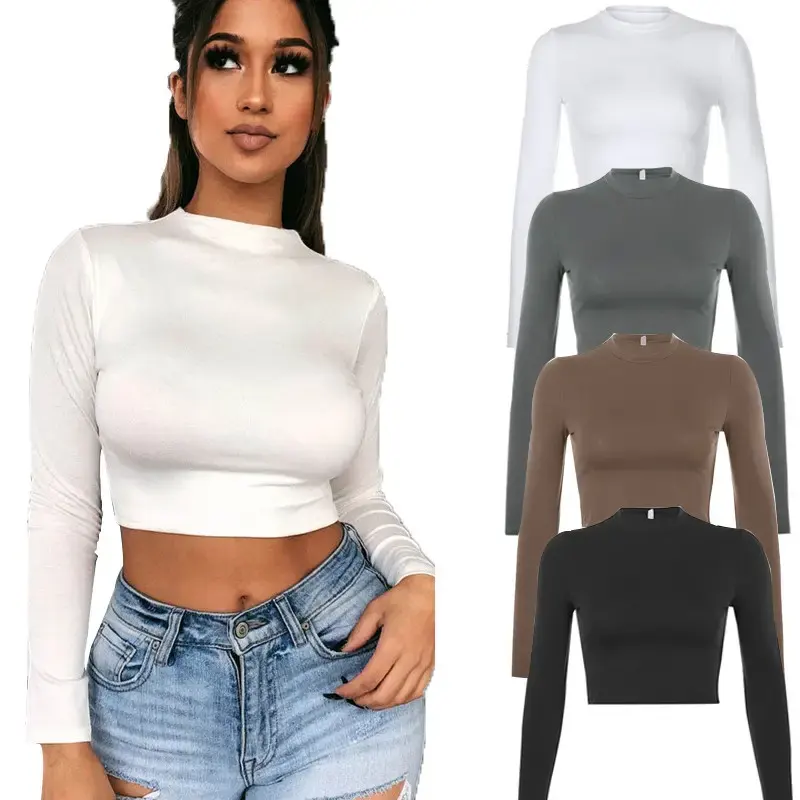 Women Short Basic Crop Top Elegant T-Shirts Lady Autumn Long Sleeve T Shirt Black White Casual Female Shirts