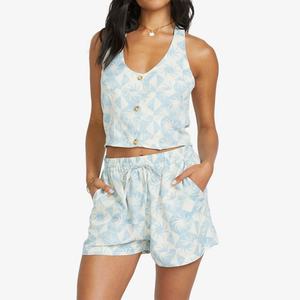 High Quality Women's <b>Suit</b> Hawaiian Print Shorts Halter Neck <b>Button</b> Two Piece Set OEM Custom Linen <b>Suit</b> - Product Image 2