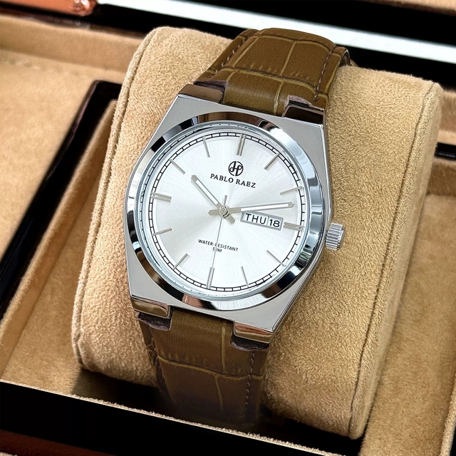 New PABLO RAEZ Luxury Leather  Quartz Wristwatches Precise Luminous Waterproof Auto Date Week Display Durable Men's Watch Reloj