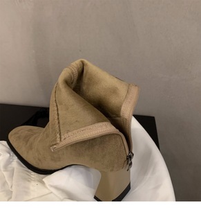 Botines de tacón grueso para mujer, con punta, de gamuza, color liso, negro y caqui, para uso diario - Product Image 6