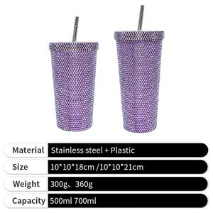 Tasses isothermes en acier inoxydable de 500 ml et 750 ml, 8 couleurs, avec paille, motif diamant uni - Product Image 4